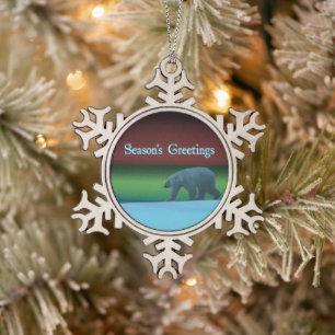 Grüße der Saison - Polarlichter Polarbär Schneeflocken Zinn-Ornament
