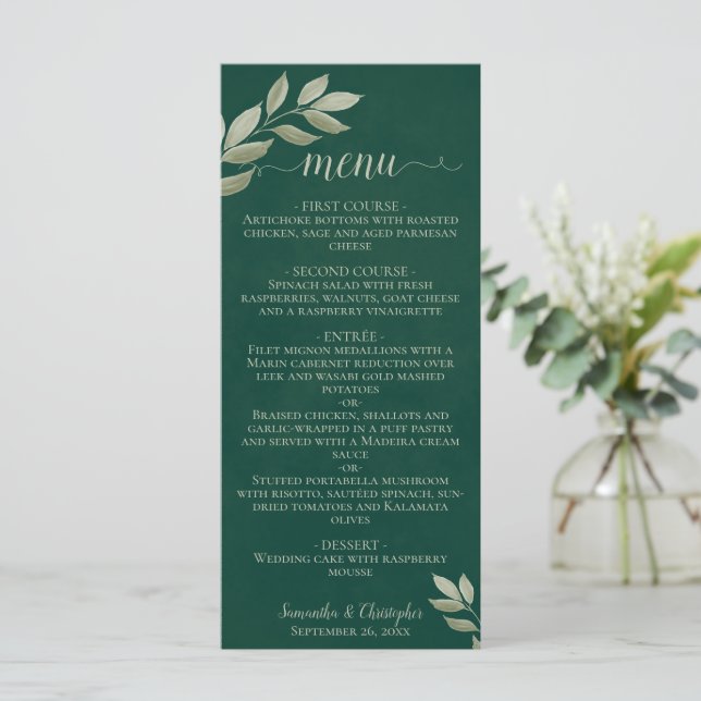 Grüße Hochzeit der Blätter Emerald & Sage Green Menükarte (Stehend Vorderseite)