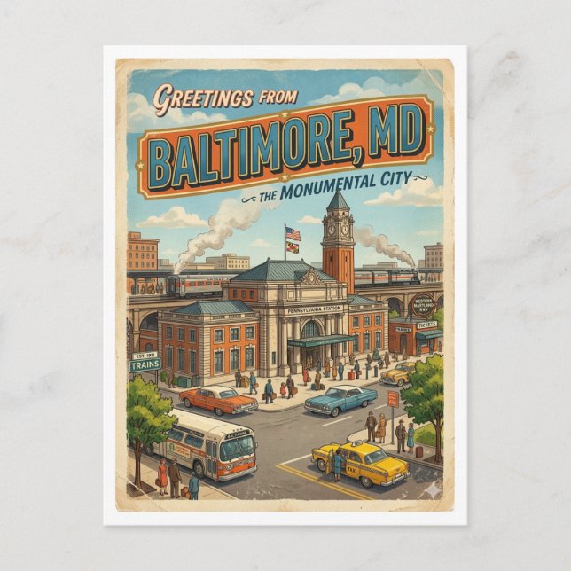 Grüße vom Bahnhof Baltimore MD Retro  Postkarte (Vorderseite)