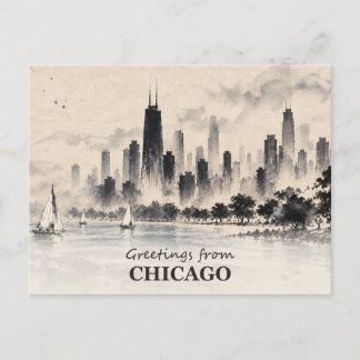 Grüße von Chicago Skyline Tuschmalerei Postkarte