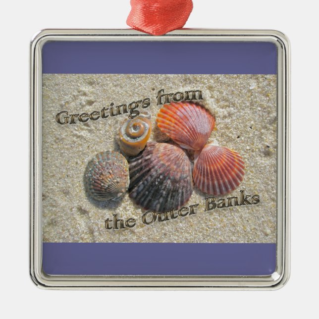 Grüße von den äußeren Bankenseashells-Einzelteilen Silbernes Ornament (Vorne)