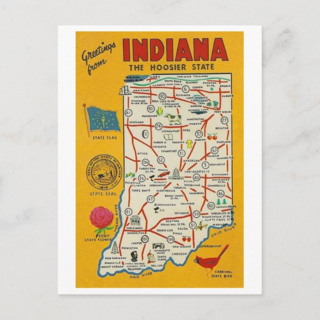 Grüße von Indiana Vintag Map Postcard Postkarte (Vorderseite)