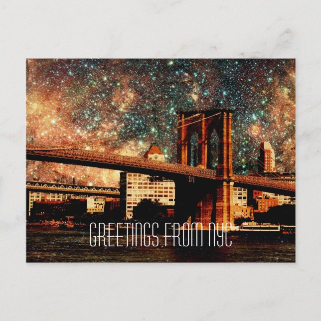 Grüße von NYC Starry Night Brooklyn Bridge Postkarte (Vorderseite)