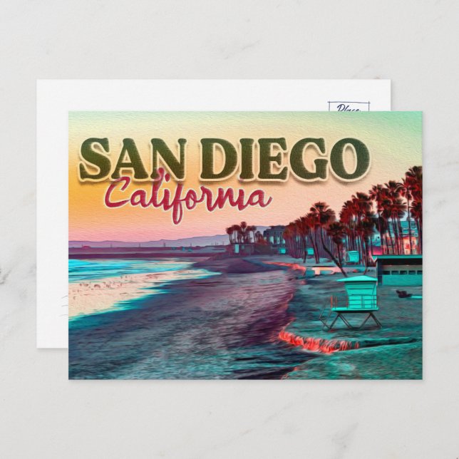 Grüße von San Diego Ca Watercolor Sunset 60er Postkarte (Vorne/Hinten)