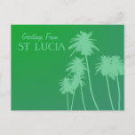 Grüße von St. Lucia Postkarte<br><div class="desc">Grüße aus St. Lucia Postkarte mit verblassenem exotischen Jade grünen Hintergrund mit Palmen Grafik Silhouette. Alles,  was ich jetzt brauche,  ist ein Rum & Cola</div>