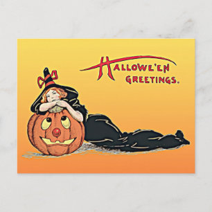 Grüße zum Vintage-Halloween Hexe Kürbis Postkarte