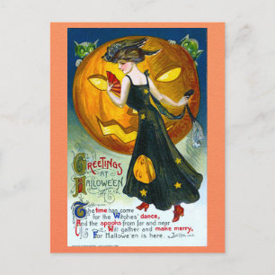 Grüße zum Vintage-Halloween mit Hexe und Kürbis-Ge Postkarte