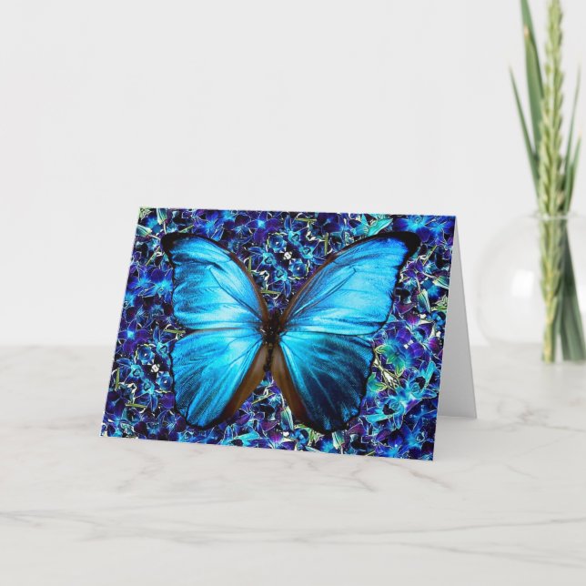 Grußkarte Blue Morpho Butterfly Lila Orchideen Karte (Vorderseite)