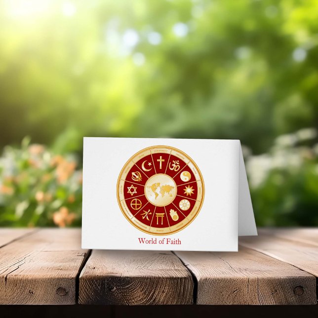 Grußkarte der Welt des Glaubens (World of Faith Greeting Card.
Gold symbols of international religions surround a world map. )