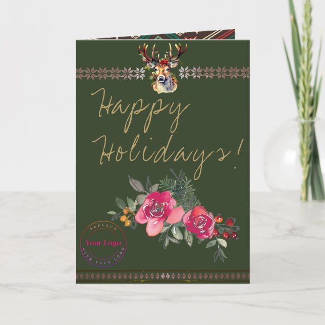 Grußkarte für das Happy Holidays Boho Business-Log Karte (Vorderseite)