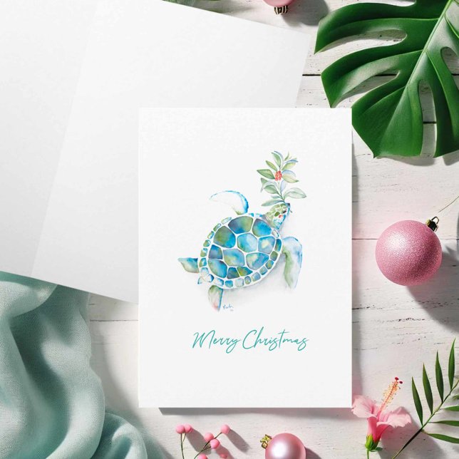 Grußkarte für die Weihnachtswasserschildkröte Karte (Watercolor Christmas cards sea turtle beach art by Victoria Grigaliunas of Do Tell A Belle)