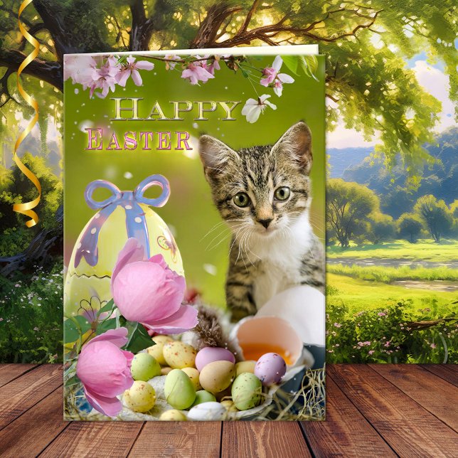 Grußkarte "Happy Oaster Niedlich Kitten" Karte (A happy Easter card featuring a cute kitten with eggs in a cheerful spring scene with pink flowers)