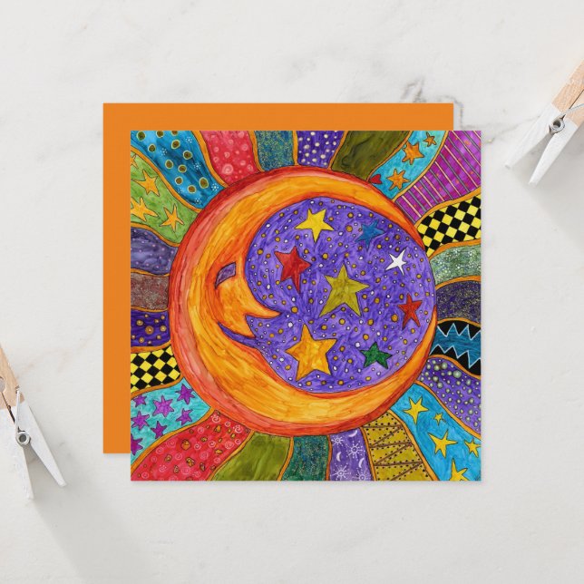 Grußkarte Sonne, Mond und Sterne (Vorderseite/Rückseite Beispiel)