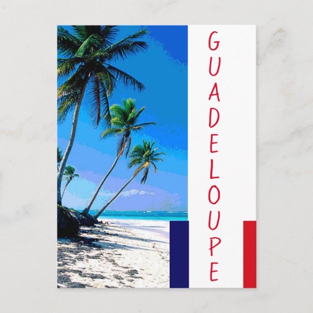 Guadeloupe Flagge und Palmen Strand Postkarte (Vorderseite)