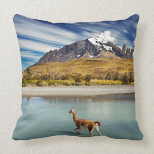 Guanaco, der den Fluss in Torres Del Paine kreuzt Kissen