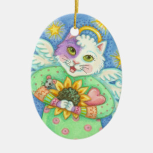 GUARDIAN ANGEL, CHRISTMAS CAT ORNAval Keramikornament