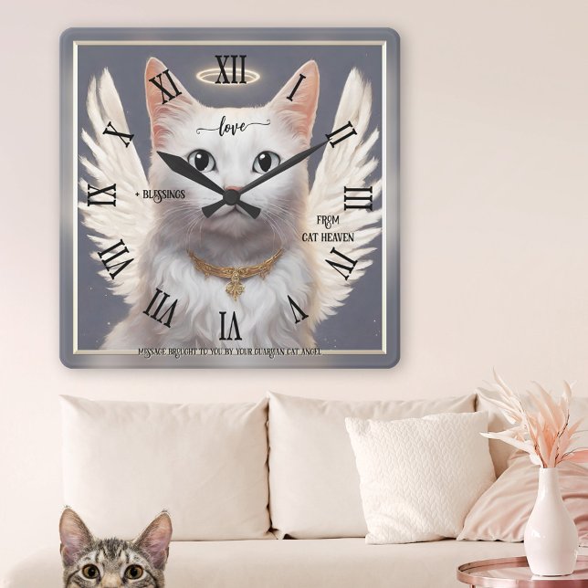 Guardian Cat Angel Fine Art Quadratische Wanduhr (Wall clock featuring a painting of a white guardian cat angel)