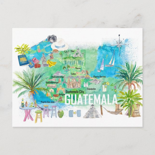 Guatemala Illustrierte Reisekarte mit Straßen Postkarte (Vorderseite)