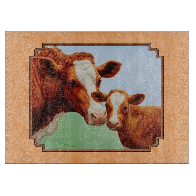 Guernsey Calf und Mutter Kuh Peach Schneidebrett (Vorderseite)
