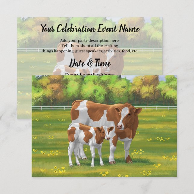 Guernsey Kuh & Niedlich Calf im Sommer Weide Einladung (Vorne/Hinten)