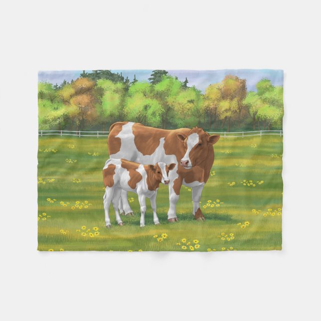 Guernsey Kuh & Niedlich Calf im Sommer Weide Fleecedecke (Vorderseite (Horizontal))
