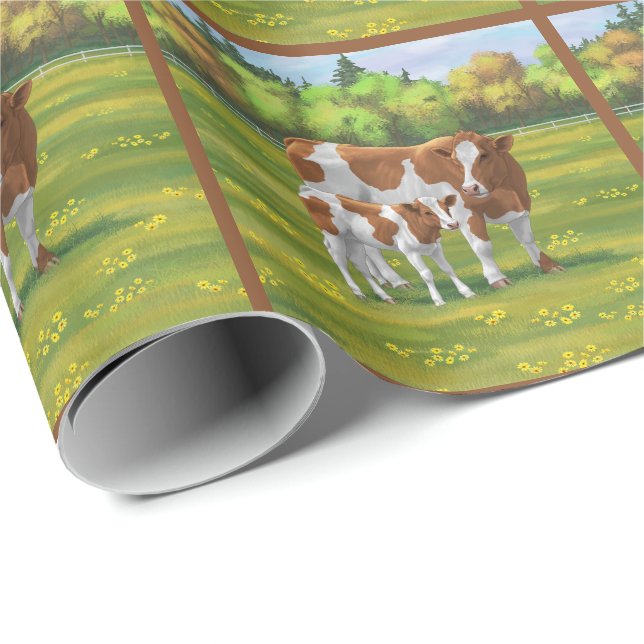 Guernsey Kuh & Niedlich Calf im Sommer Weide Geschenkpapier (Rolleneckpunkt)