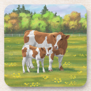Guernsey Kuh & Niedlich Calf im Sommer Weide Getränkeuntersetzer