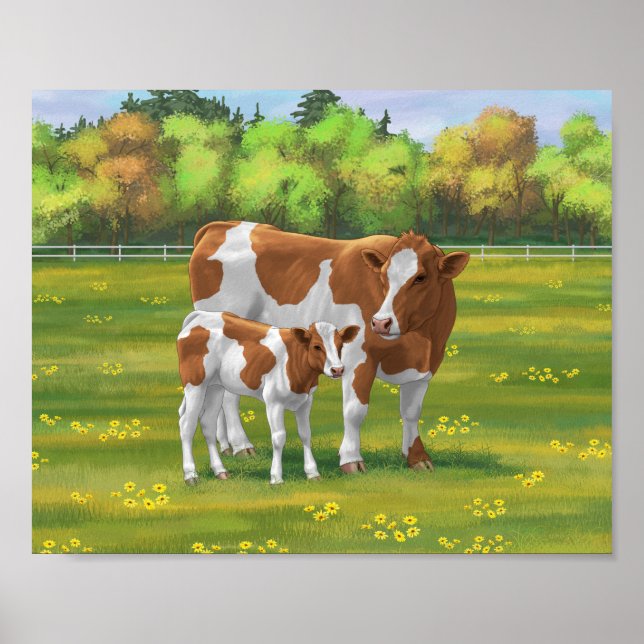 Guernsey Kuh & Niedlich Calf im Sommer Weide Poster (Vorne)