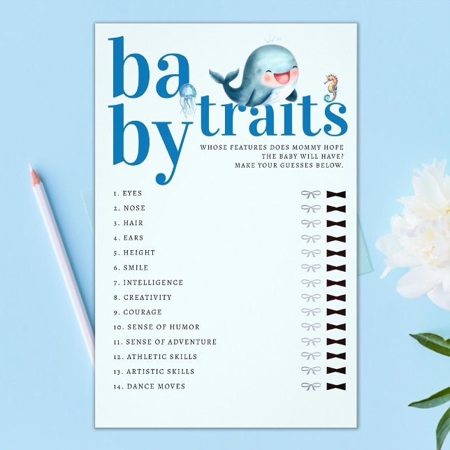 Guess Baby Features Duschgame Funny Blue Whale Flyer (baby traits boy shower game under the sea cute whale jellyfish seahorse blue watercolor whimsical)