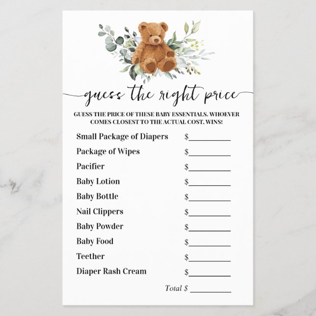 Guess Right Price Bear Greenery Baby Shower Game Flyer (Vorne)