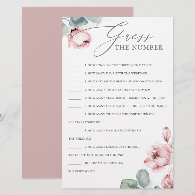 Guess The Number Dusty Rose Bridal Shower Game (Vorne/Hinten)