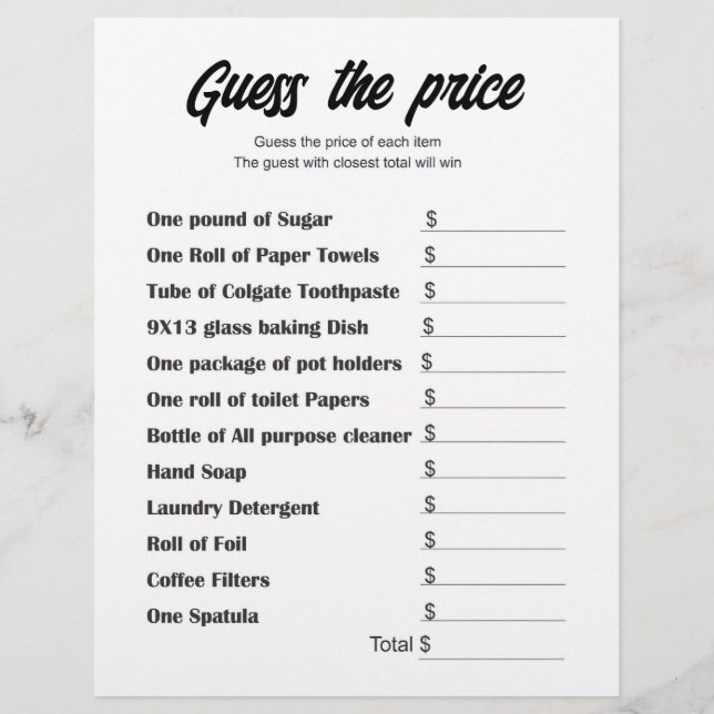 Guess the Price Bridal Shower Game Card Flyer (Vorne)