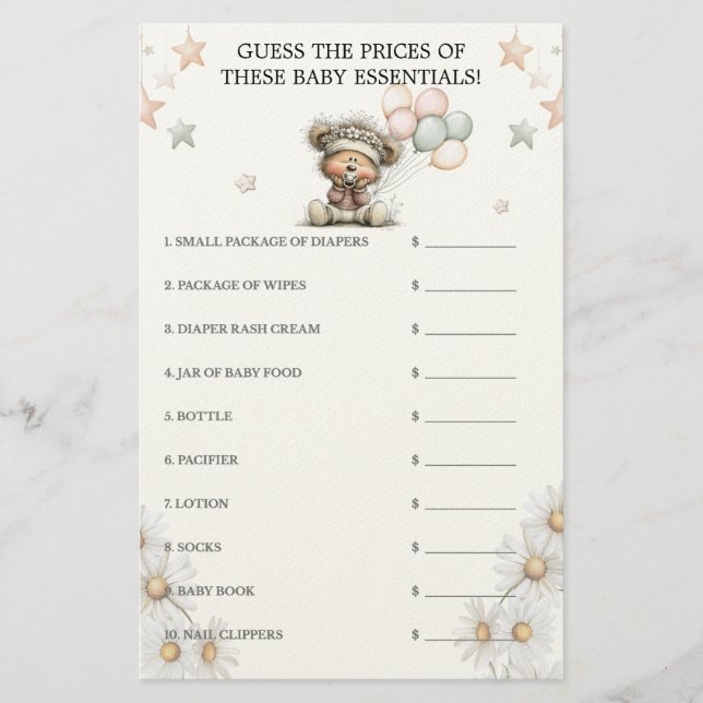 Guess the Price Whimsical Teddy Bear Baby Shower  Briefpapier (Vorderseite)