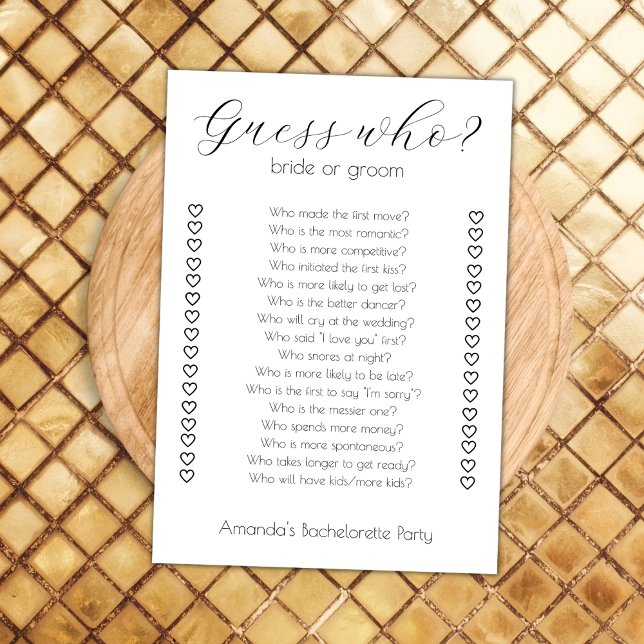 Guess Who Bride Or Groom Bachelorette Party Game Karte (guess who bride or groom bachelorette party game she said he said bridal shower)