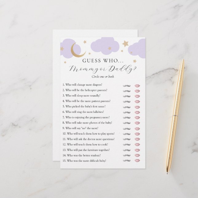 Guess Who Mommy or Daddy Baby Shower game card (Vorderseite/Rückseite Beispiel)