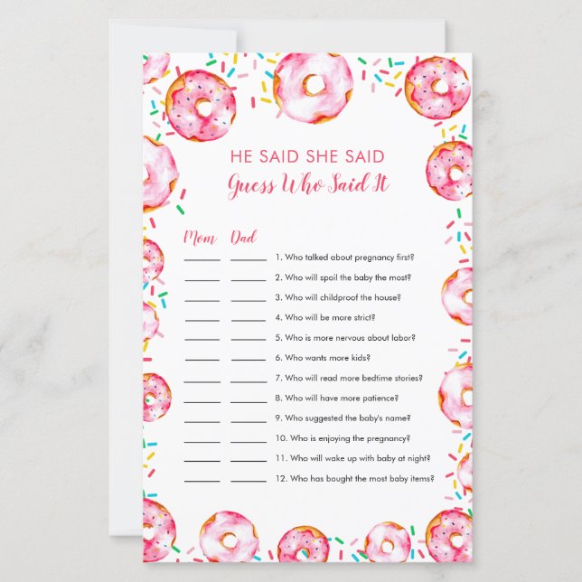 Guess who Said it Donuts Diapers Baby Shower Game (Vorderseite)