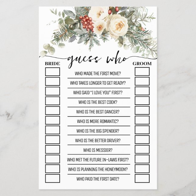 Guess Who Winter Floral Bridal Shower Game Card Flyer (Vorne)