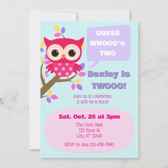 Guess Who's Two, Pink Owl 2nd Birthday Einladung (Vorderseite)