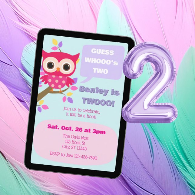 Guess Who's Two, Pink Owl 2nd Birthday Einladung (Von Creator hochgeladen)
