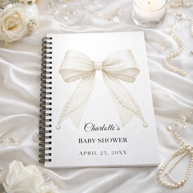 Guest book Baby Shower bow ivory white pearls Notizblock (Von Creator hochgeladen)