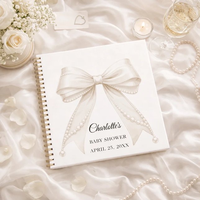Guest book Baby Shower bow ivory white pearls Notizbuch (Von Creator hochgeladen)