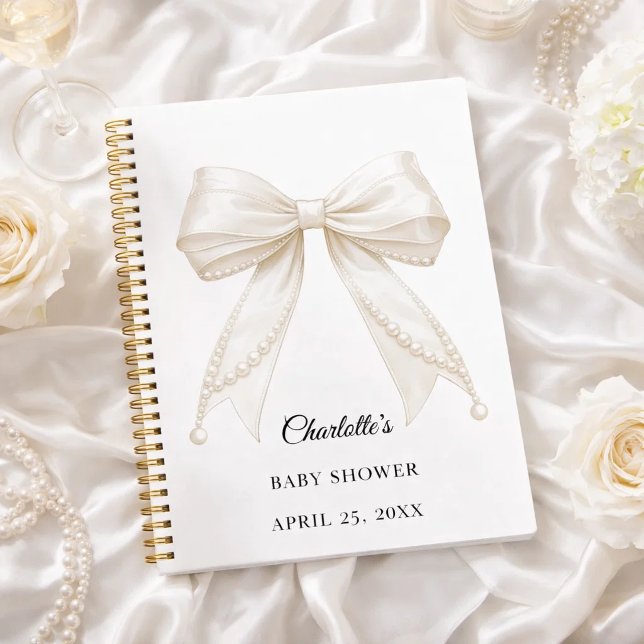 Guest book Baby Shower bow ivory white pearls Notizbuch (Von Creator hochgeladen)
