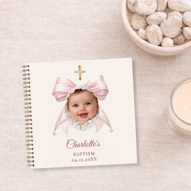 Guest Book Baptism Pink Bow Ivory Girl Photo Notizbuch (Von Creator hochgeladen)