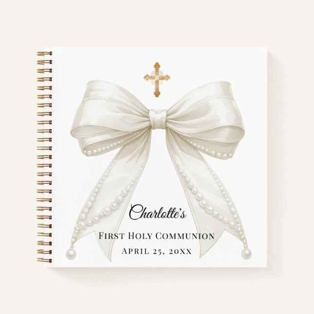 Guest book First Communion bow ivory white pearls Notizbuch (Vorderseite)