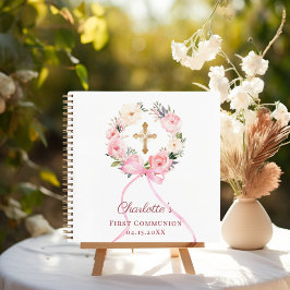 Guest book First Communion floral wreath pink bow Notizbuch