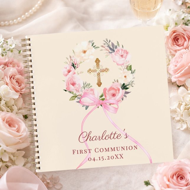 Guest book First Communion ivory blush bow floral Notizbuch (Von Creator hochgeladen)