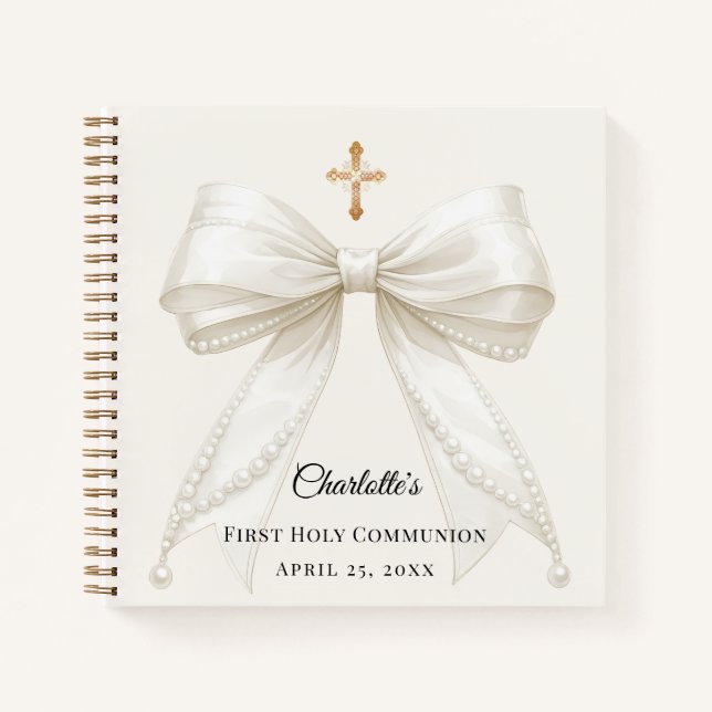 Guest book First Communion ivory bow pearls Notizbuch (Vorderseite)