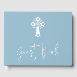 Guest Book Floral Cross Christening Sky Blue Gästebuch