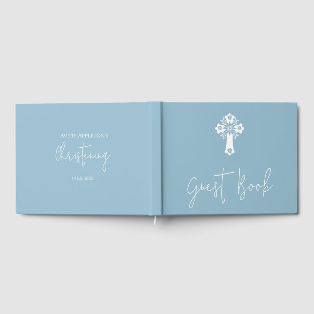 Guest Book Floral Cross Christening Sky Blue Gästebuch (Voll)