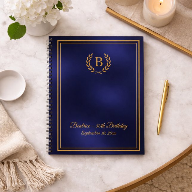 Guest Book navy blue gold Monogram wreath Birthday Notizbuch (Von Creator hochgeladen)